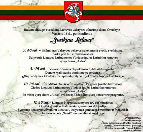 Būkime drauge, švęsdami Lietuvos valstybės atkūrimo dieną Onuškyje!