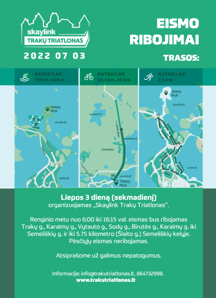 Triatlono „Skaylink Trakų triatlonas“ metu bus iš dalies ribojamas eismas